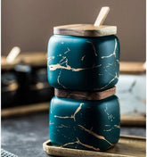 Marble Look Kruidenpot – 360 ml Keramische Spice Jar met Deksel en Lepel – Suiker- & Kruidendispenser (Zwart)